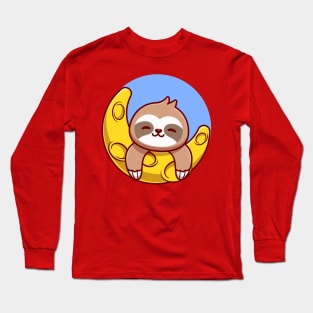 Cute Sloth With Moon Cartoon Long Sleeve T-Shirt